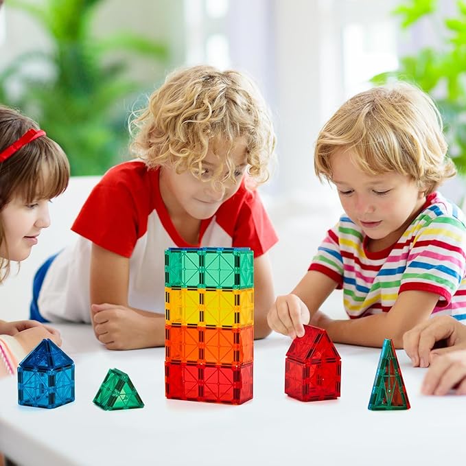 FNJO Magnetic Tiles, 100PCS Building Blocks, Magnets Building Set, STEM Construction Stacking Toy Gift for Kids 3+ Boys and Girls Preschool Kindergarden Toy