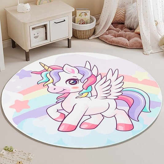 Round Rug for Kids Room Unicorn Circle Rugs for Bedroom Kids Rugs for Playroom Girls Cute Cartoon Carpet Living Room Dining Room Decor 40x40 inch