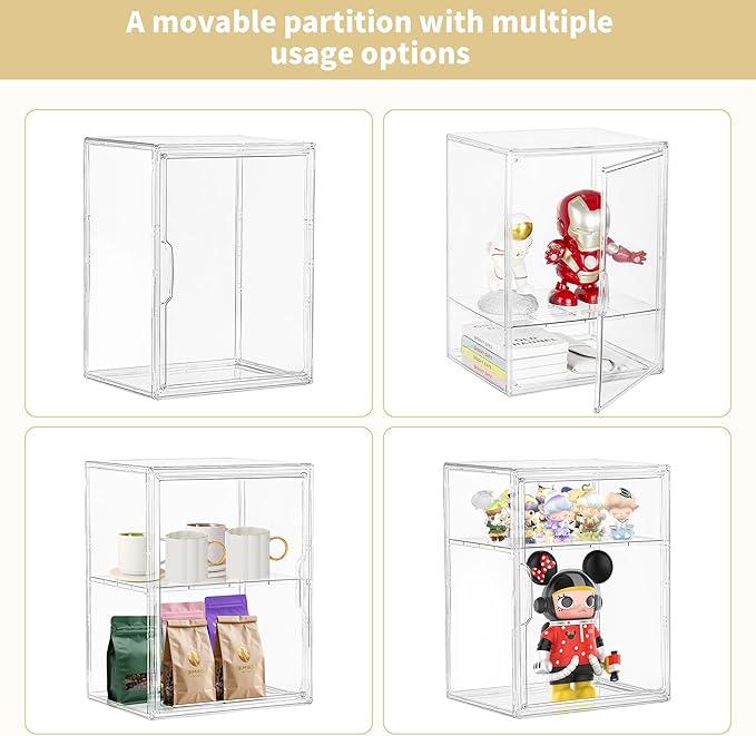 Acrylic Display Case for Collectibles, Clear Storage Bin with 3 Adjustable Layers and1 Removable Divider, Stackable Clear Storage Box with Magnetic Door for Figures, Home or Office,Large,3 Pack