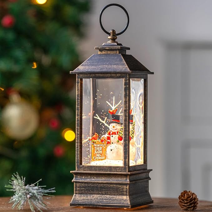 10'' Frosty's Tree Farm Snowman Musical Lighted Snow Globe Water Lantern with Swirling Glitter Decoration for Christmas Home, Living Room, Battery Operated or USB Powered