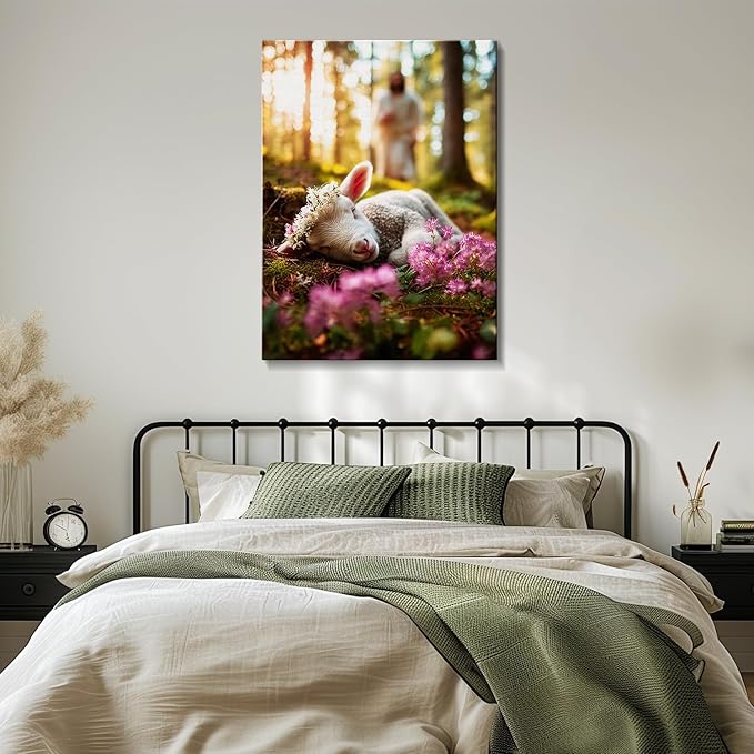 AbcCustomize Jesus Running After Lost Lamb Christian Wall Decor, Religious Wall Decor for Home, Jesus Wall Art Canvas Prints Ready to Hang, Inspirational Christian Art for Prayer Room, Baptism Gift