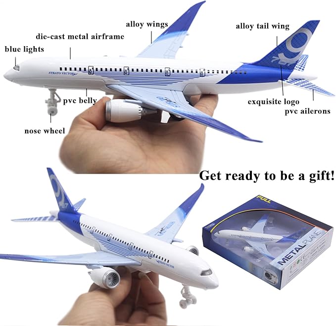 OTONOPI Airplane Toys Bump and Go Airlines Die Cast Metal Model Plane Toy with Lights and Sounds for Kids Blue