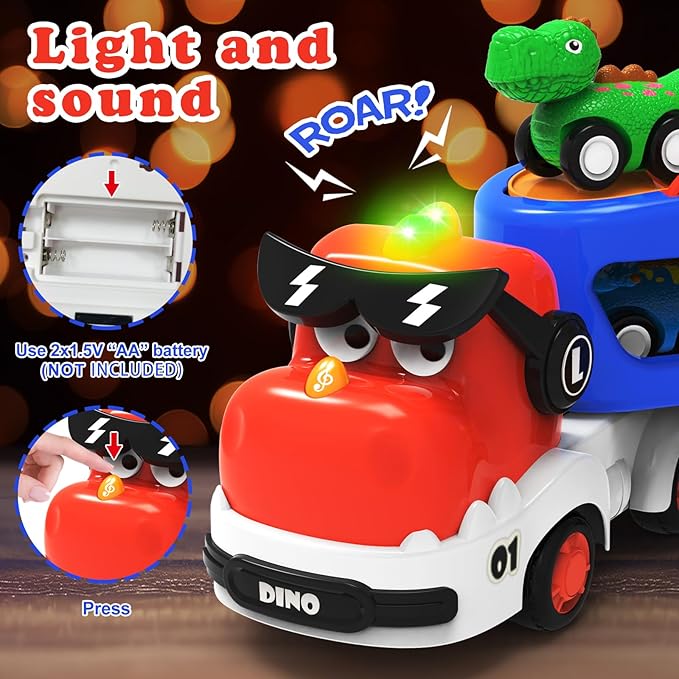 Dinosaur Toys for Kids 2 3 4 5 6,5 in 1 Dinosaur Truck with 4 Dino Car,Light & Sound,Toys for 2-7 Year Old Boys Toddlers,Christmas Birthday Gift Toys for 3 4 5+ Year Old Boys Girls Kids