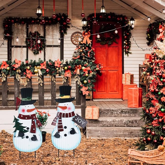 hogardeck Outdoor Christmas Decorations for Home, 2 Pcs Metal Snowman Decorative Garden Stakes with Joy for Christmas Decor, Yard Signs for Garden Home Lawn Patio