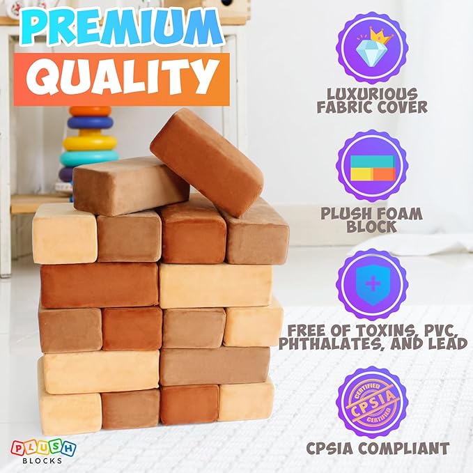 The Original Premium Plush Building Block for Kids - Certified Safe Foam Blocks in Luxuriously Soft Fabric Covers - Set of 24 (Desert)