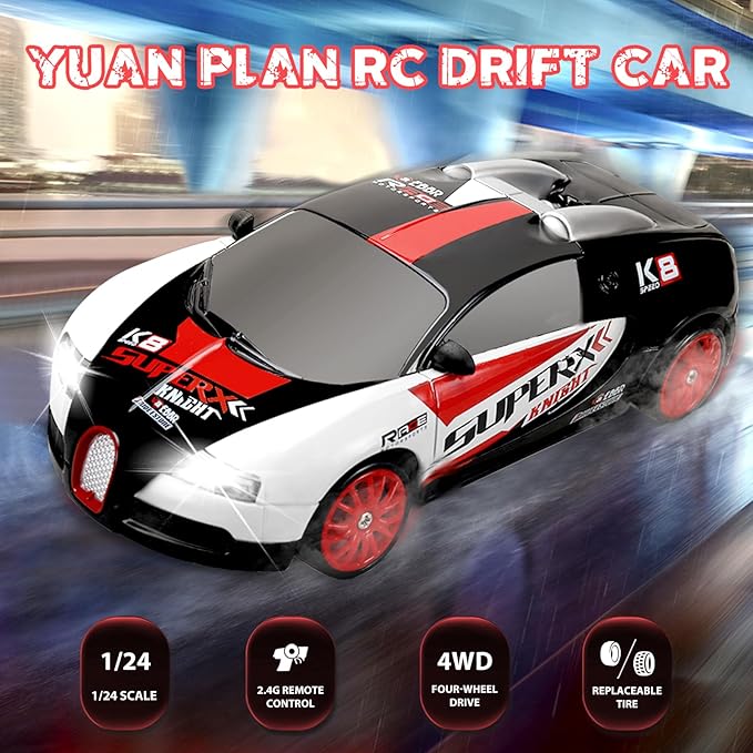 Remote Control Car RC Drift Car 2.4GHz 1:24 Scale 4WD 15KM/H High Speed, Rechargeable High Speed RC Cars with Cool Lights, Batteries and Extra Tires Toys for Kids