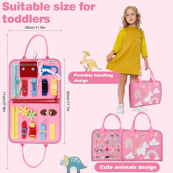 Busy Board for Toddlers 1-4, Sensory Board Travel Toys Gifts for 1 2 3 4 Year Old Girls Boys, Montessori Toys to Learn Fine Motor Skills, Educational Activities Busy Book for Airplane Car (Pink)