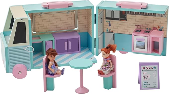 Olivia's Little World Wooden Food Truck Dollhouse + Accessories for 3.5" Dolls, Multi