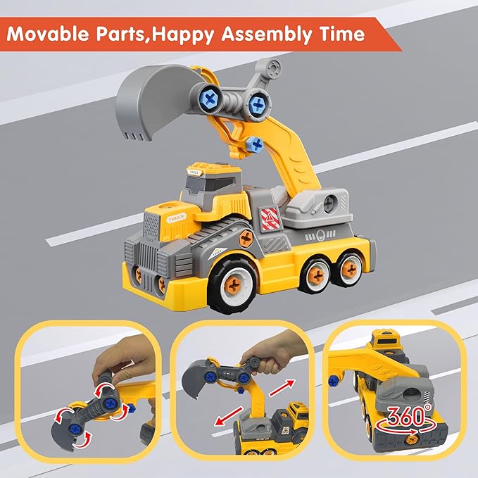 11inches Large Take Apart Construction Toys Excavator Truck for Boys Girls Kids 3-5 6-8 Electric Drill Set Assembly Building Toys