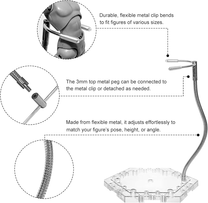 16-Pack Clear Adjustable Action Figure Stand with Metal Clips & Flexible Arms – Action Figure Display Stand for Figures Compatible with Gundam HG/RG/SD 1/144 Scale