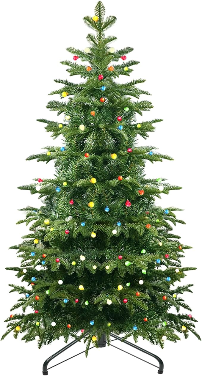 5Ft Prelit Artificial Christmas Tree, Lighted Aspen Fir Christmas Tree with Multicolor Globe Lights and Metal Stand, Slim PE & PVC Mixed Layered Xmas Tree for Holiday Home Decor