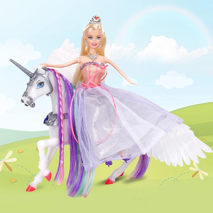 MEGAFUN Color Change Unicorn Toys & Princess Doll, Unicorn Doll with Rainbow Braided Hair, Removable Saddle&Wings, Princess Toy Unicorn Gifts for Girls
