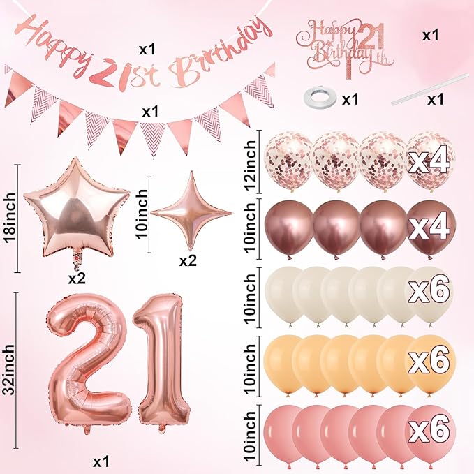 21st Birthday Decorations for Her, Retro Pink Nude Number 21 Balloon Set Happy 21st Birthday Banner Cake Topper Dusty Pink Beige Rosegold Star Balloons for Women 21 Year Old Bday Party Decor