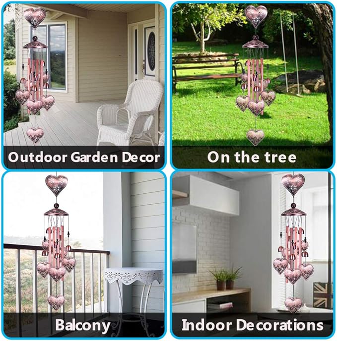 Loving Heart Wind Chimes Outdoor Indoor Decor - with 4 Aluminum Tubes 6 Bells 7 Hearts Mobile Romantic Wind Catcher Heart Shaped Windchimes for Home, Mom Gifts, Balcony, Festival, Garden Decoration