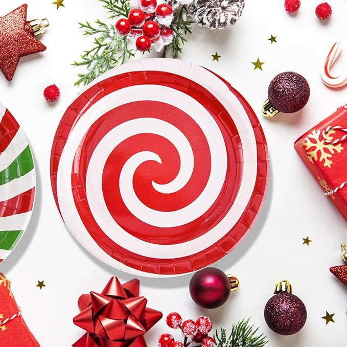 100 Pack Christmas Candy Paper Plates Peppermint Disposable Dinner Plates 9 Inch Red Green Holiday Serving Plates for Christmas Party Supplies Tableware Decoration