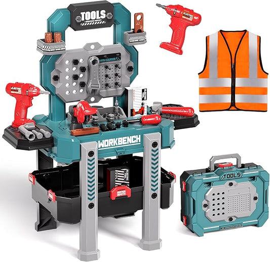 Deejoy Kids Tool Bench with Realistic Tools and Electric Drill, 79 Pcs Realistic Toy Tools with Clothes, Toddler Tool Bench Learning Gift for Boys & Girls Age 3-5 (Green) 32x26.6x14.4 in