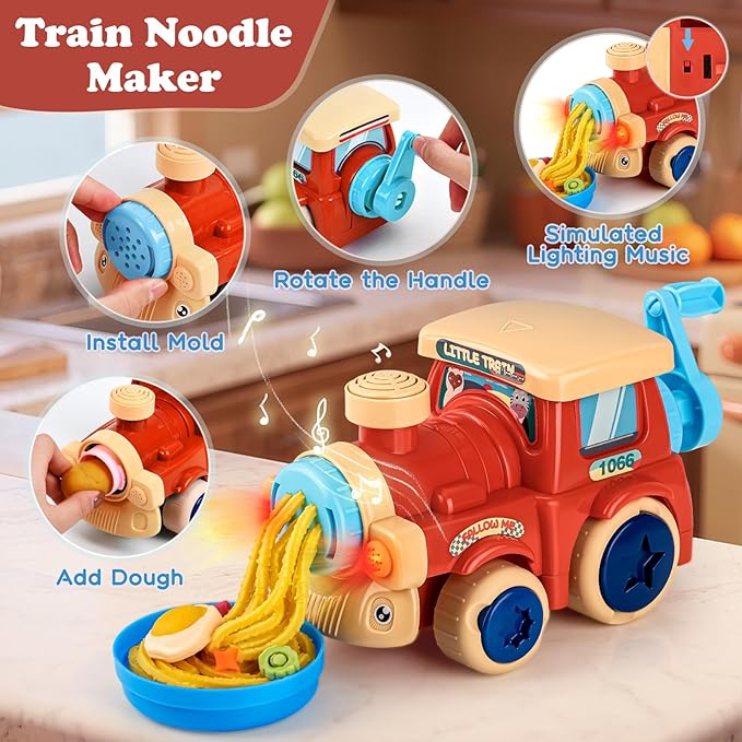 85 PCS 3 in 1 Dough Sets for Kids Ages 3-4-8, Art Crafts Dough Tools Kit, Train Engine Noodle Playset with Light & Sound, Hamburger Machine, Dessert Rack, Kitchen Creations Food Play Toys Boys Girls