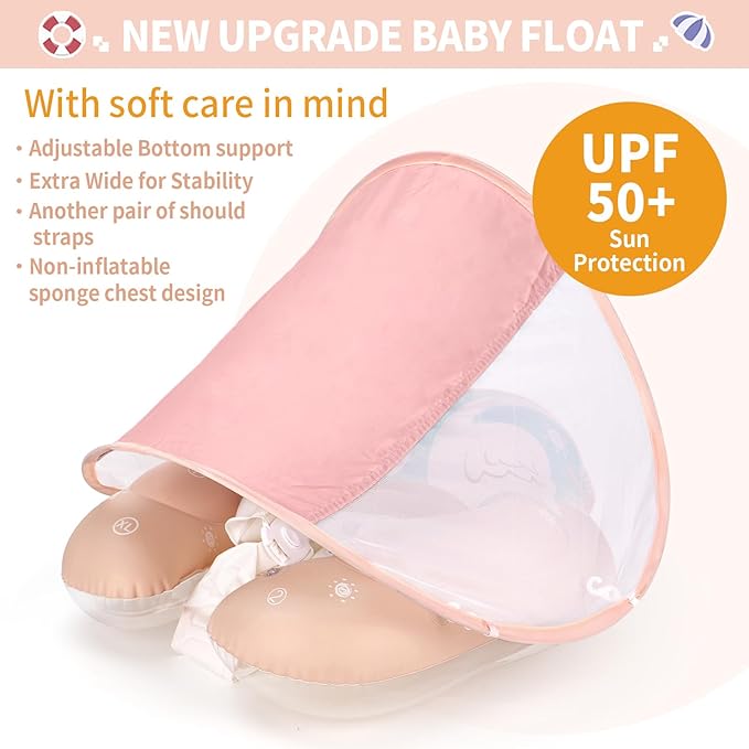 Free Swimming Baby Infant Pool Float with Sun Canopy Inflatable Baby Swimming Floatie with Sponge Safety Bottom Support Water Toys Swimming Trainer (Pink, Large)