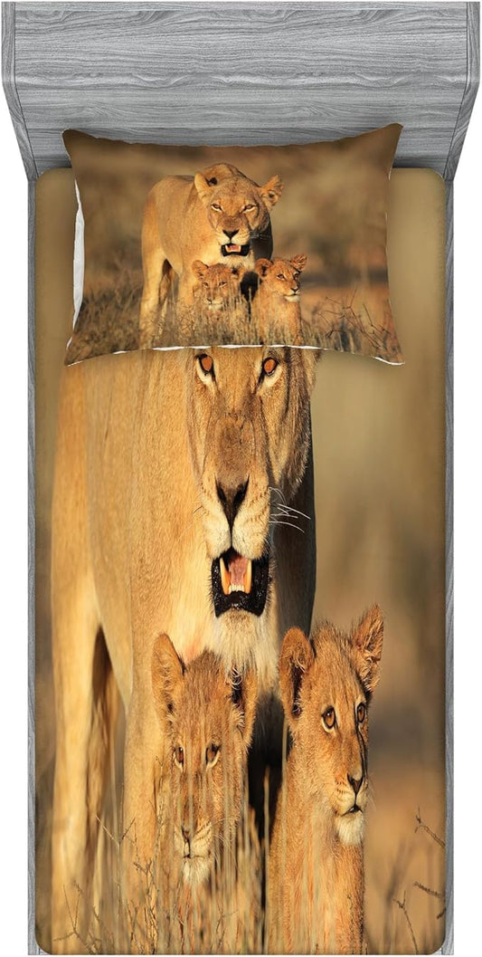 Ambesonne Safari Fitted Sheet & Pillow Sham Set, Mom Lioness and Young Lion Kings in South Nature Big Cats at Wilderness Safari, Decorative Printed 2 Piece Bedding Decor Set, Twin, Ivory Cream