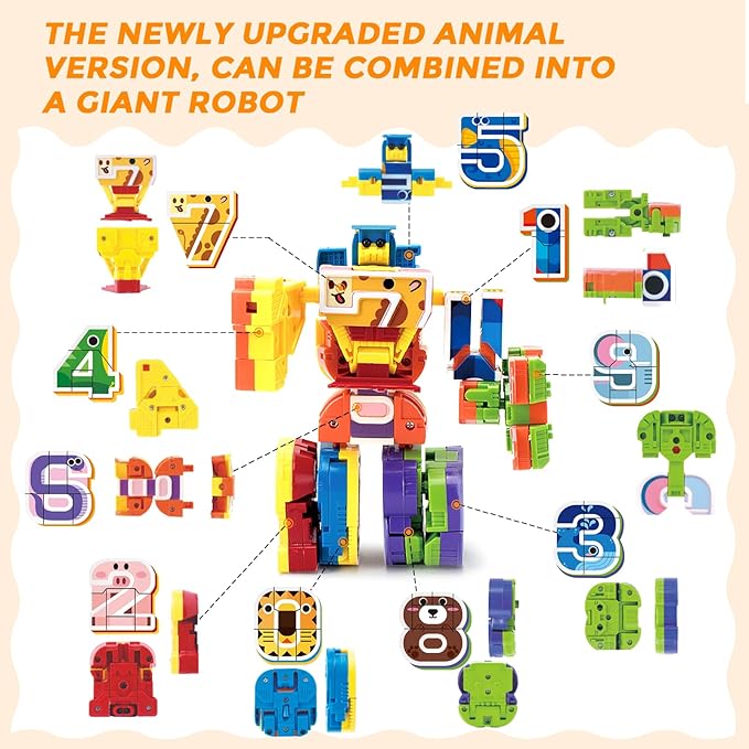 Animal Number Robots Transformers Toys 10-in-1 – STEM Learning Toys for Kids Ages 3+, Number Blocks with 10 Digital Cards, Convertible to Mega Robot (ABC Zoo Series)