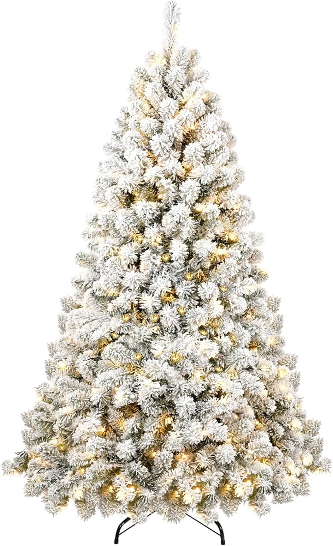 6ft Per-Lit Snow Flocked Christmas Tree, Artificial Christmas Tree with 300 Warm White Lights,779 Branch Tips, Premium Green Full Xmas Tree for Easy Holiday Setup, Foldable Metal Base