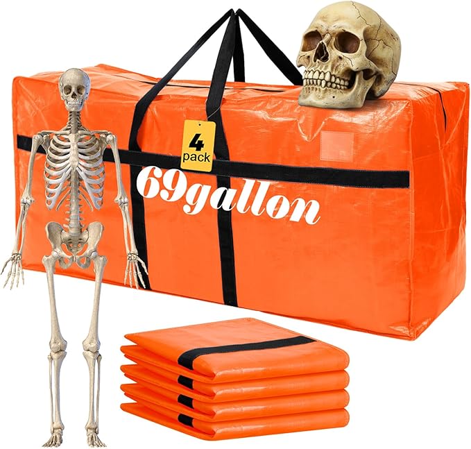 Windyun 4 Pack 69 Gallon Extra Large Storage Bags XXL Moving Bags with Zipper Handles Heavy Duty Jumbo Big Totes Box for Halloween Skeleton 4-12 Feet Christmas Tree Storage College Dorm Cloth (Orange)