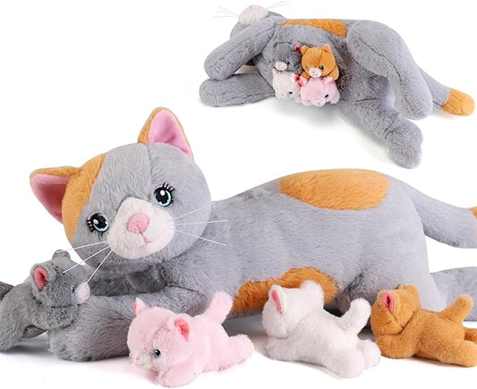 5 Pieces Cat Stuffed Animals with Babies Inside Belly - 1 Mommy Stuffed Cat with 4 Kittens - Stuffed Kitty Plush Toys for Kid Age 3-8, Gift Ideal for Christmas, Valentine's, Birthday (Grey)