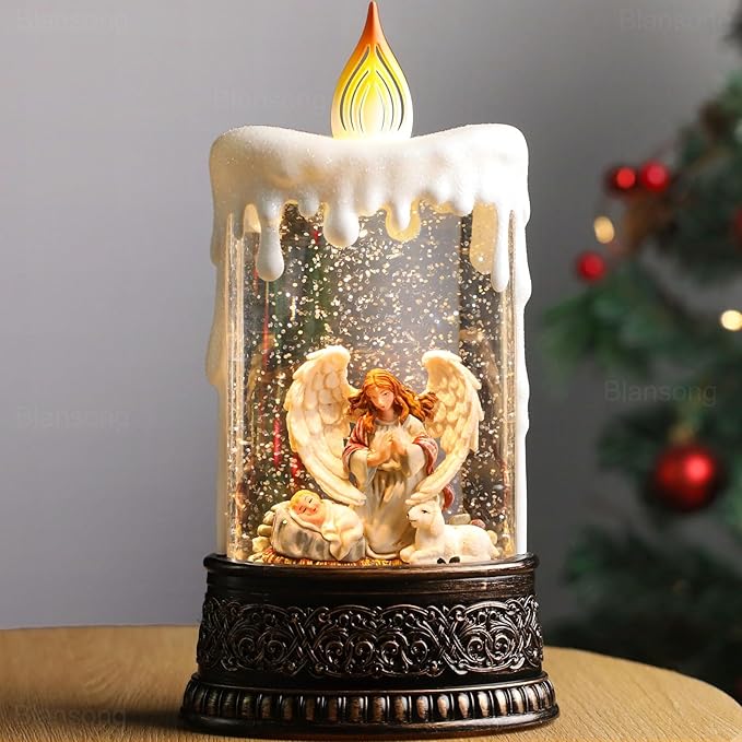 Nativity Snow Globe Candle Christmas Decorations Gifts Auto Snowfall Glitter Music Collection Angel Nativity Scene with 6H Timer USB/Battery Powered 9.7 inch