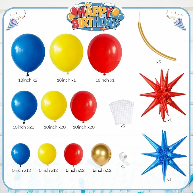 126Pcs Red Blue Yellow Balloon Arch Kit, Cartoon Hedgehog Theme Primary Color Balloon with Gold Circle Explosion Star Foil Balloon Garland Set for Boys Kids Carnival Circus Birthday Party Decorations