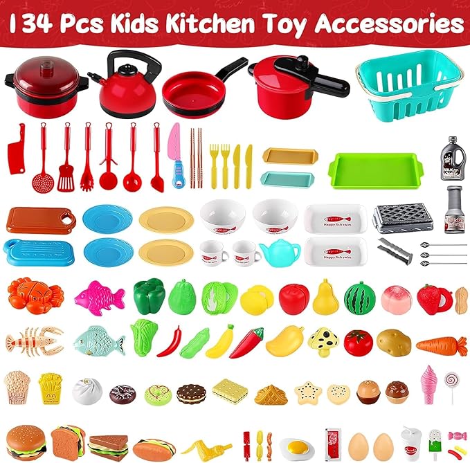 134 Pcs Toy Kitchen Accessories, Pretend Cooking Toys with BBQ Grill, Pressure Cooker, Kettle, Pots, Pans, Kitchen Playset for Cutting Play Food, Christmas Birthday Present for Boys Girls