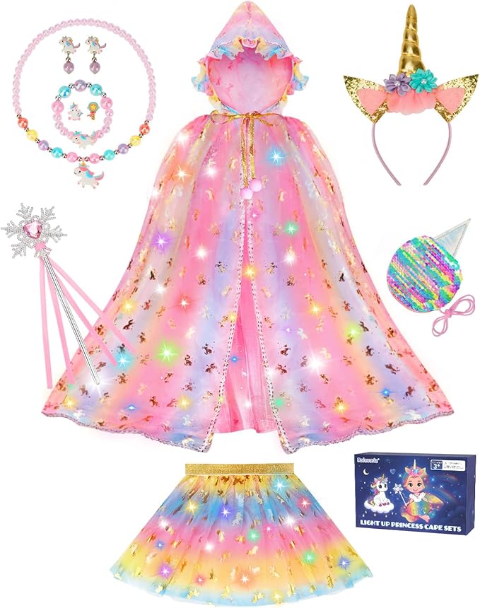 Princess Dress Up for Girls, Light Up Princess Costume Cape Set, Birthday Gifts Toys for Girls 3 4 5 6 Years Old