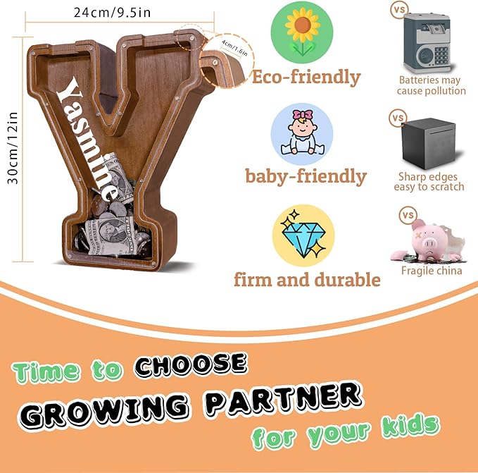 Personalized Wooden Letter Piggy Bank for Kids Larger Letter Piggy Bank for Boys and Girls Initial Coin Bank Customized Piggy Bank Perfect Wood Kids Money Bank for Birthday and Festival