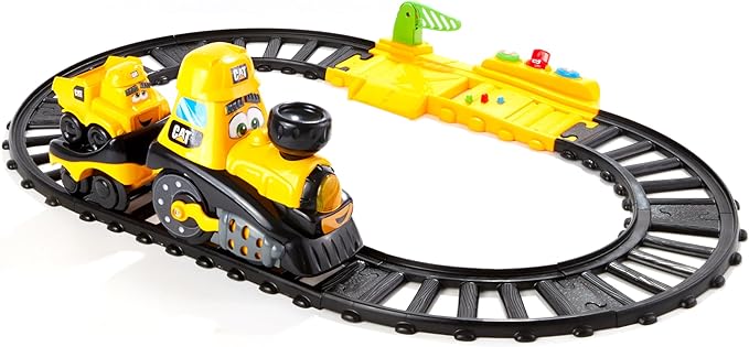 CAT Construction Toys, Power Track Friends Preschool Train Set, 8 Pieces of Easy-to-Assemble Track, Light & Sounds, Motorized Train & Car Carrier, Develops Fine Motor Skills