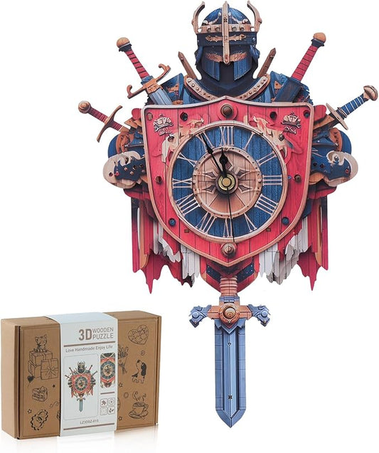 3D Wooden Puzzles for Adults, Knight Clock with Pendulum Model Kit, 3D Puzzles for Adults Room Home Decor DIY Wall Clock Kit, Holiday Birthday Christmas Day for Men Women Teens