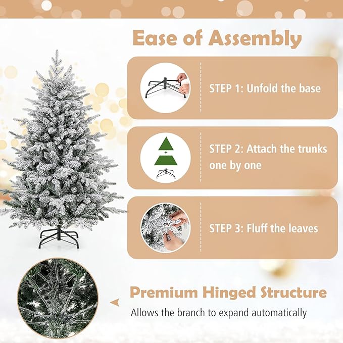GOFLAME 4.5ft Pre-Lit Christmas Tree Snow Flocked, Hinged Artificial Xmas Tree with 436 Branch Tips, 160 Multi-Color LED Lights, 8 Lighting Modes, Holiday Decoration Tree for Home Office Party