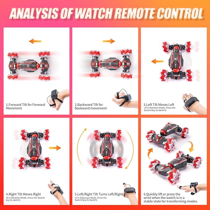 4WD Stunt Car, 2.4 GHz Gesture Sensor RC Cars, Double-Sided Vehicle 360° Flip RC Twist Buggy with Music Spray - Best Christmas and Birthday Present for Boys and Girls Aged 6-12 (Red)