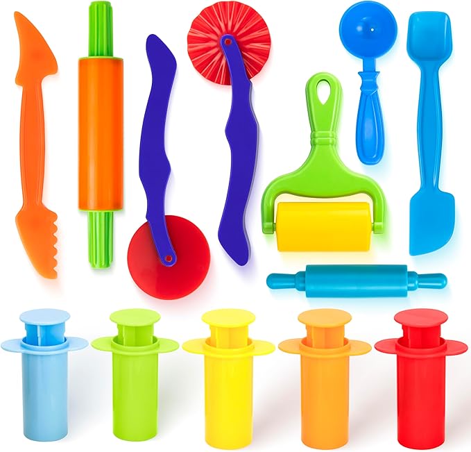 13 Pcs Dough Tools Set – Dough Extruders + Dough Cutters Set – Educational Modeling Clay Tools – Preschool Toys & Toddler Activities – Arts & Crafts for Kids Ages 3-5