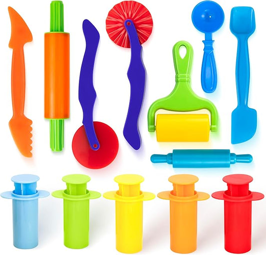 13 Pcs Dough Tools Set – Dough Extruders + Dough Cutters Set – Educational Modeling Clay Tools – Preschool Toys & Toddler Activities – Arts & Crafts for Kids Ages 3-5