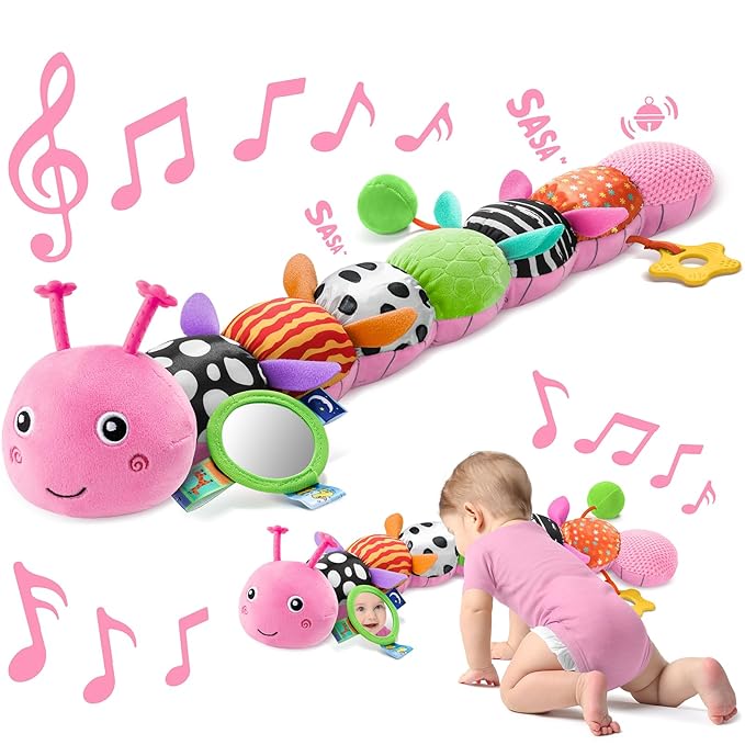 Sumobaby Baby Toys 0-6 6-12 Months,Music Caterpillar Plush Toy with Baby Mirror, Pull String&Crinkle Rattle,Infant Sensory Toys,Tummy Time for 0-3-6-12 Month Boys Girls Newborn Gifts (Pink-Leaf)