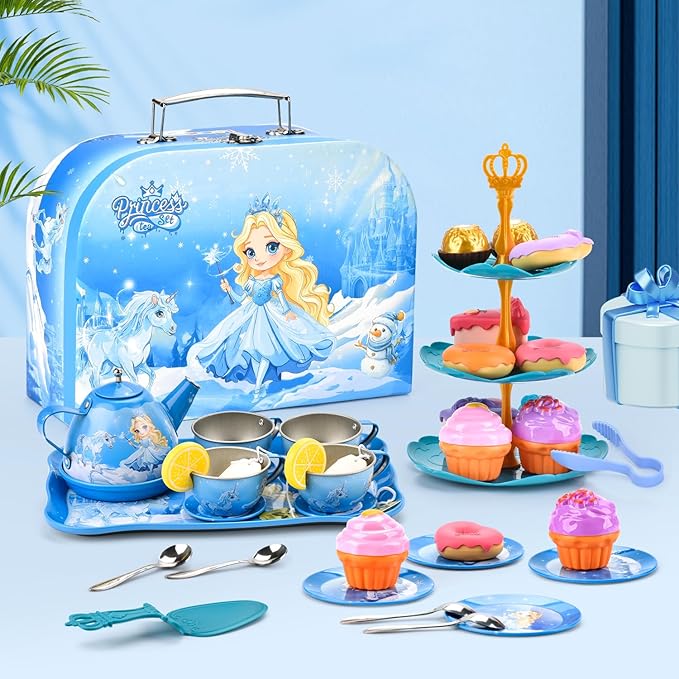 43-Piece Princess Tea Set Playset for Kids – Pretend Play Kitchen Toy with Teapot, Desserts & Carrying Case | Toddler Tea Party Toys, Imaginative Role Play, Birthday Gift for Girls Ages 3-8