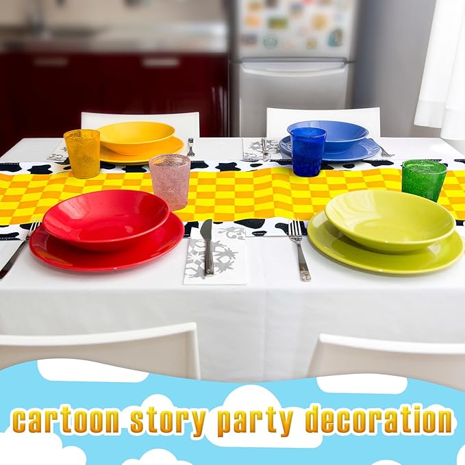 4 Pcs Cartoon Table Runner Cartoon Birthday Party Supplies Cow Pattern Printed Check Table Decor Tablecloth Party Supplies,13 x 72 in (Classic)