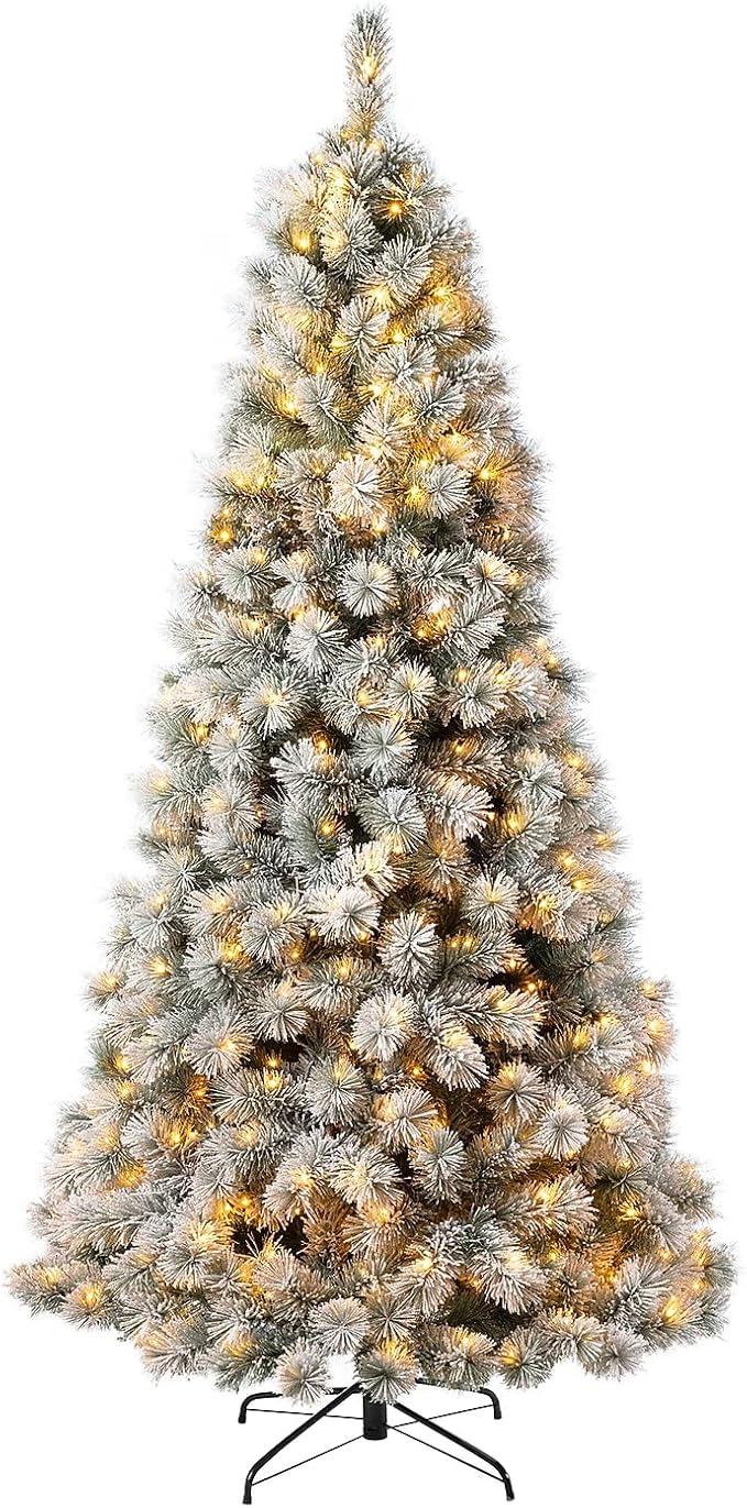 Glitzhome 7.5ft Pre-Lit Artificial Christmas Tree, Snowflake Flocked Pine Tree, Warm White Light, 688 Branch Tips, and Easy Assembly Metal Stand for Christmas and Party Home Decoration