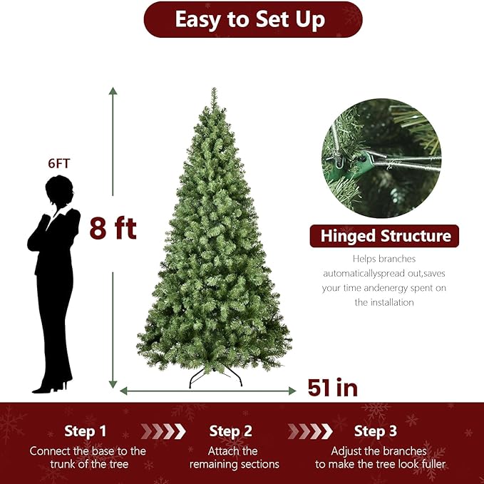 8ft Unlit Christmas Tree with 1430 Steel Branch Tip,Premium Full Hinged Spruce Christmas Tree with Foldable Base, Artificial Xmas Tree for Easy Holiday Setup