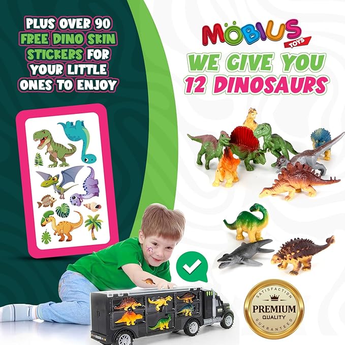 MOBIUS Toys Dinosaur Truck Carrier – Large Transport Truck with 12 Realistic Dino Figures for Kids Ages 3–7 – Durable BPA-Free Dinosaur Storage Toy Set for Indoor & Outdoor Play, Gift Box