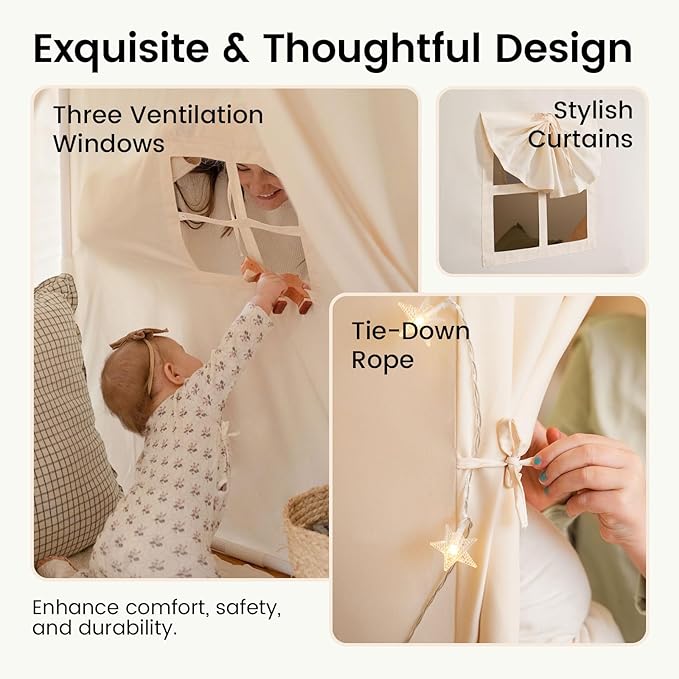 Tiny Land Kids Tent with Mat and Star Lights, Kid Play Tent for Toddlers, Breathable Toddler Tents for Girls, Large Reading Tents - Indoor Playhouse for Boys, Ideal Gift for Birthday & Christmas