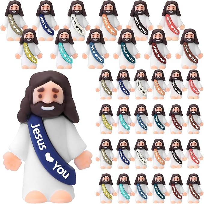 Bememo 25 Pcs Little Jesus Figures Original Design Jesus Love You Mini Rubber Toys to Hide and Seek Religious Party Favors Sunday School Baptism Gifts(Christian Colors)