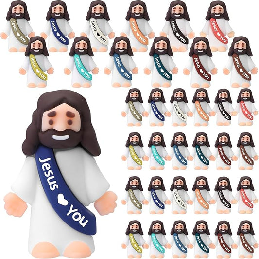 Bememo 25 Pcs Little Jesus Figures Original Design Jesus Love You Mini Rubber Toys to Hide and Seek Religious Party Favors Sunday School Baptism Gifts(Christian Colors)