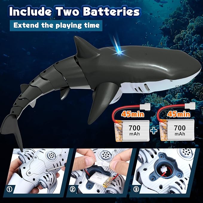 2.4Ghz Remote Control Shark Pool Toys for Boys Kids,Highly Realistic Shark Pool Toys for Kids,RC Boat Outdoor Water Toy with Light and Spray Water for Boys Girls Ages 6+ (with 2 Batteries)