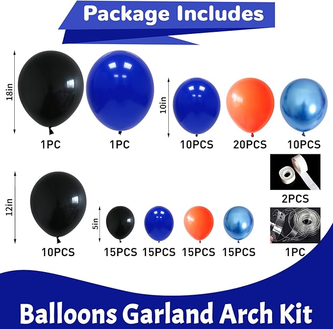 Orange Blue Black Balloons Garland Arch Kit 112 Pcs Royal Navy Blue Black Orange Latex Helium Balloon for Graduation Cartoon Baby Shower Birthday Engagement Party Decorations Supplies