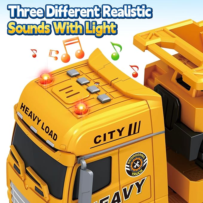 Toddler Boy Toys for 3 4 5 6 7 Years Kids, 25" Semi Construction Carrier Truck Toy with Excavator and Dump Truck, Friction Powered Toys with Lights and Sounds, Birthday for Boy Girls